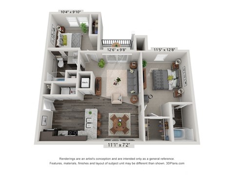 Floor plan for 2 beds, 2 baths, 935 sqft